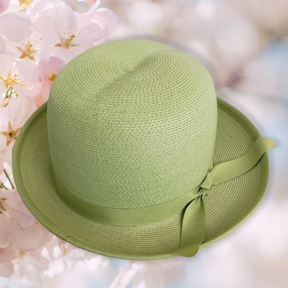 Vintage Straw Bowler Hat Apple Green Union USA Made in Hat Box EUC - Picture 4 of 12